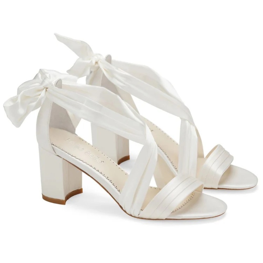 Bella Belle Open Toe Ivory Ribbon Block Heels